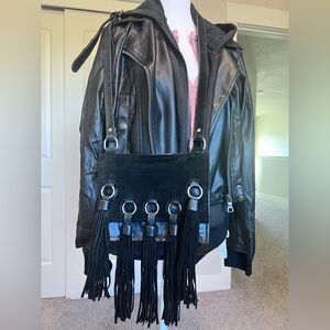Free People Black Fringe Tassels Suede Adjustable Strap Shoulder Crossbody Bag